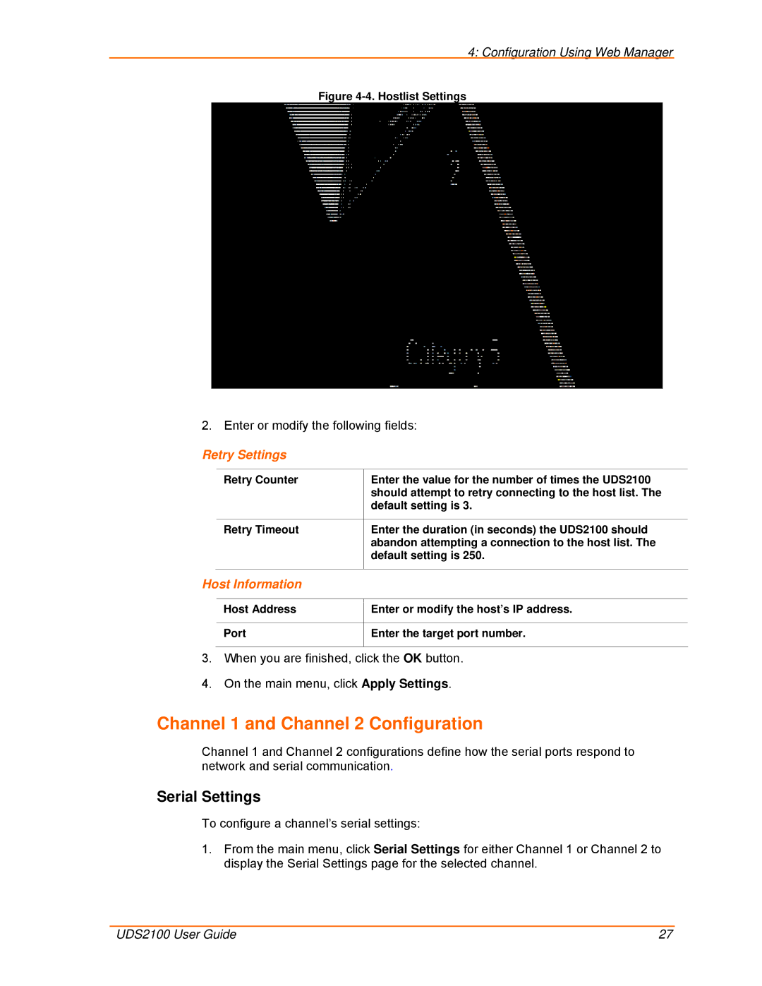 Lantronix UDS2100 manual Channel 1 and Channel 2 Configuration, Serial Settings, Retry Settings, Host Information 