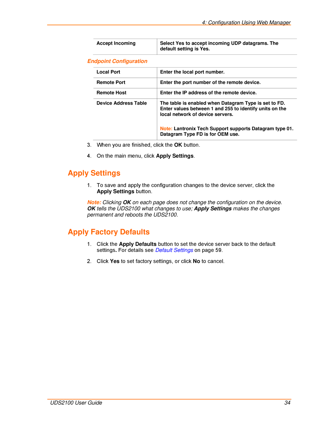 Lantronix UDS2100 manual Apply Settings, Apply Factory Defaults 