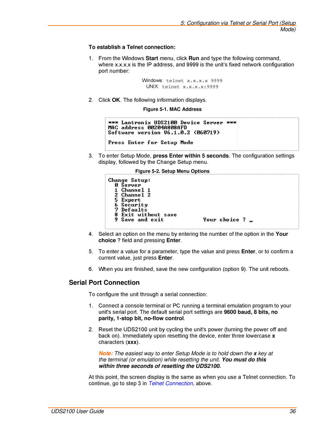 Lantronix UDS2100 manual Serial Port Connection, To establish a Telnet connection 