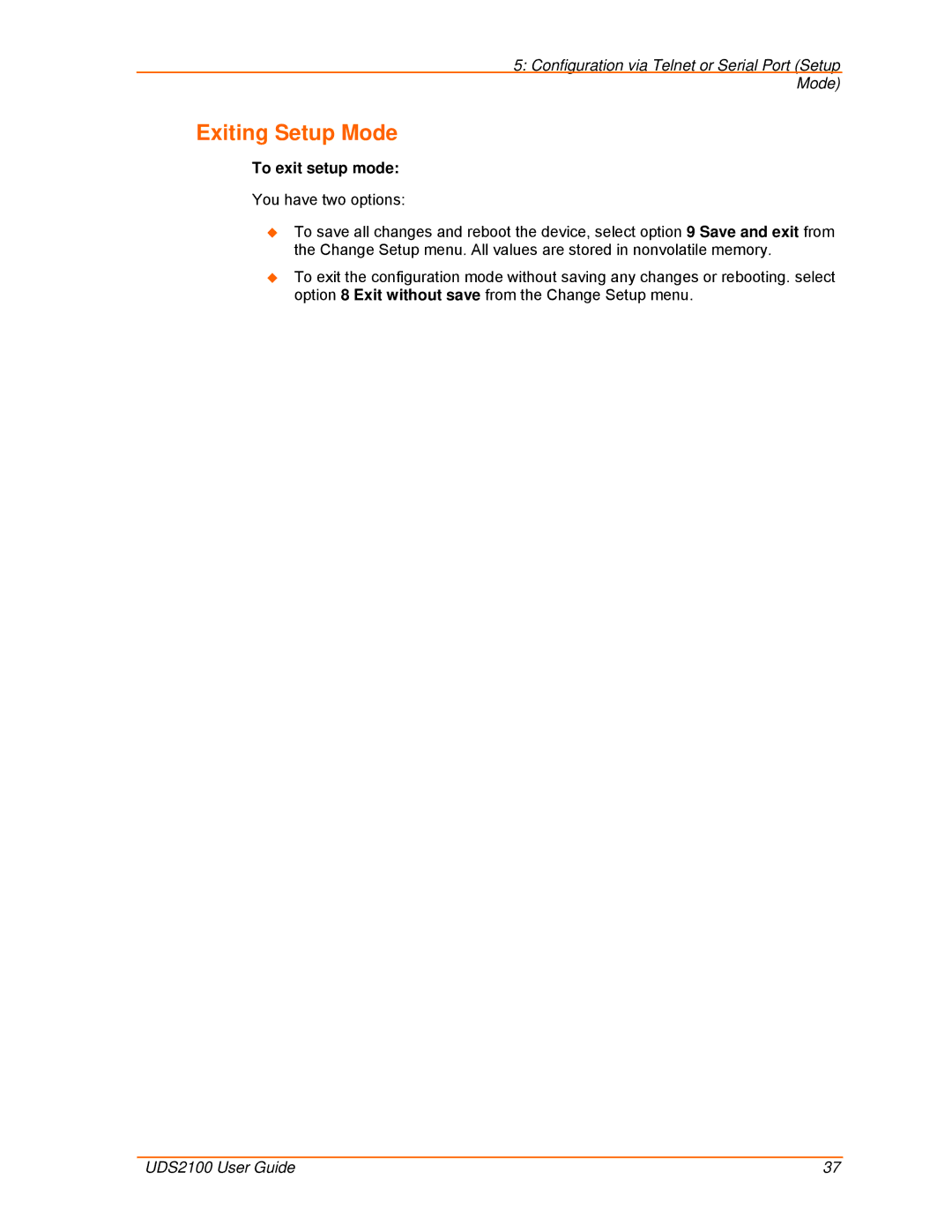 Lantronix UDS2100 manual Exiting Setup Mode, To exit setup mode 