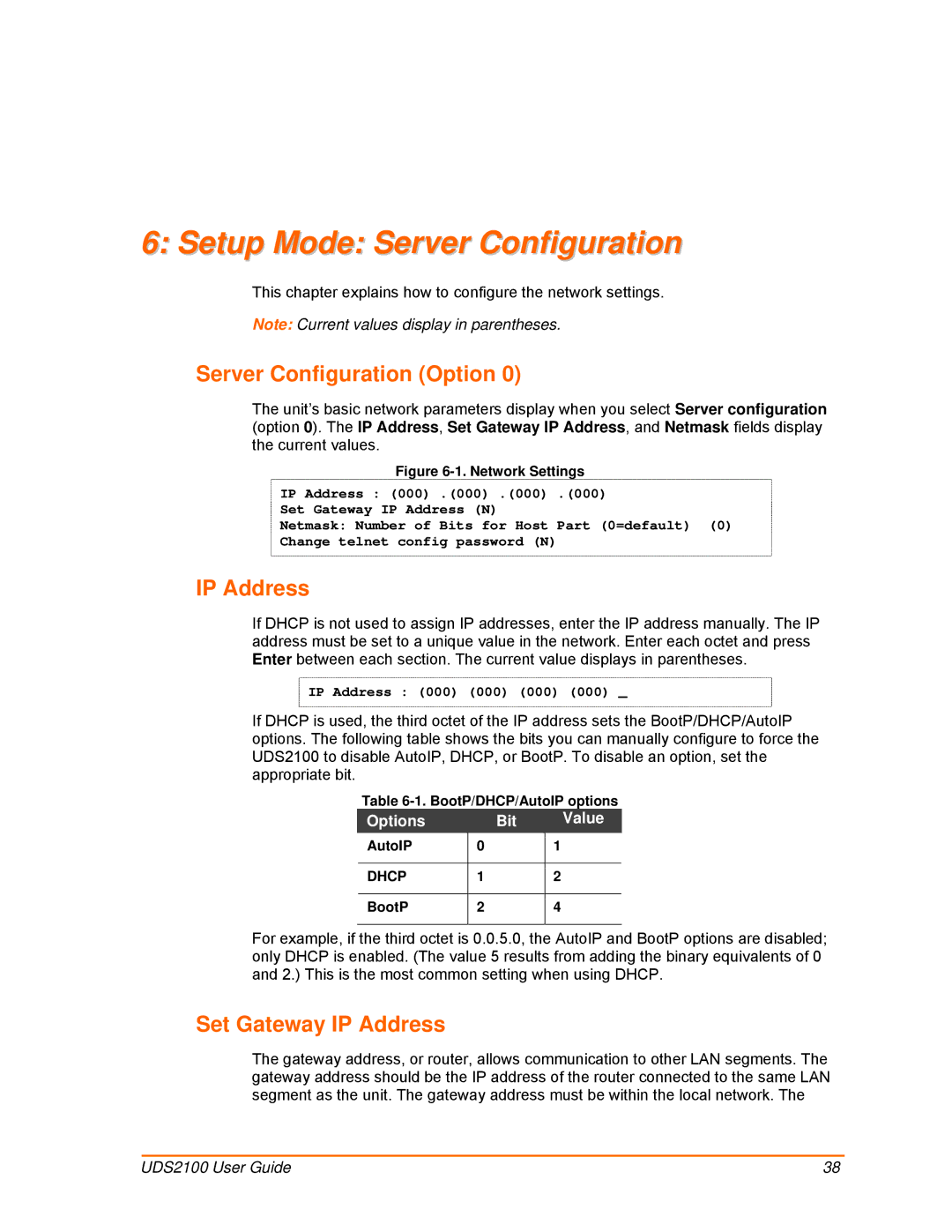 Lantronix UDS2100 manual Setup Mode Server Configuration, Server Configuration Option, Set Gateway IP Address 