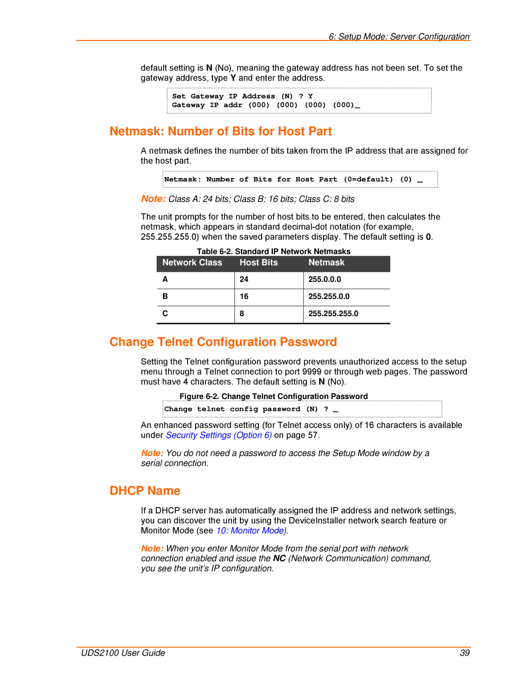 Lantronix UDS2100 manual Netmask Number of Bits for Host Part, Change Telnet Configuration Password, Dhcp Name 