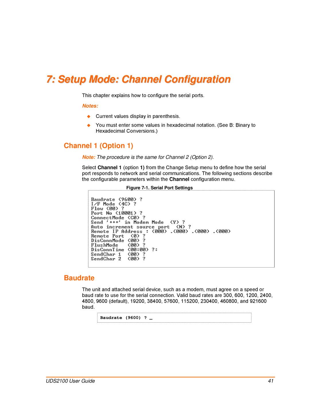 Lantronix UDS2100 manual Setup Mode Channel Configuration, Channel 1 Option, Baudrate 