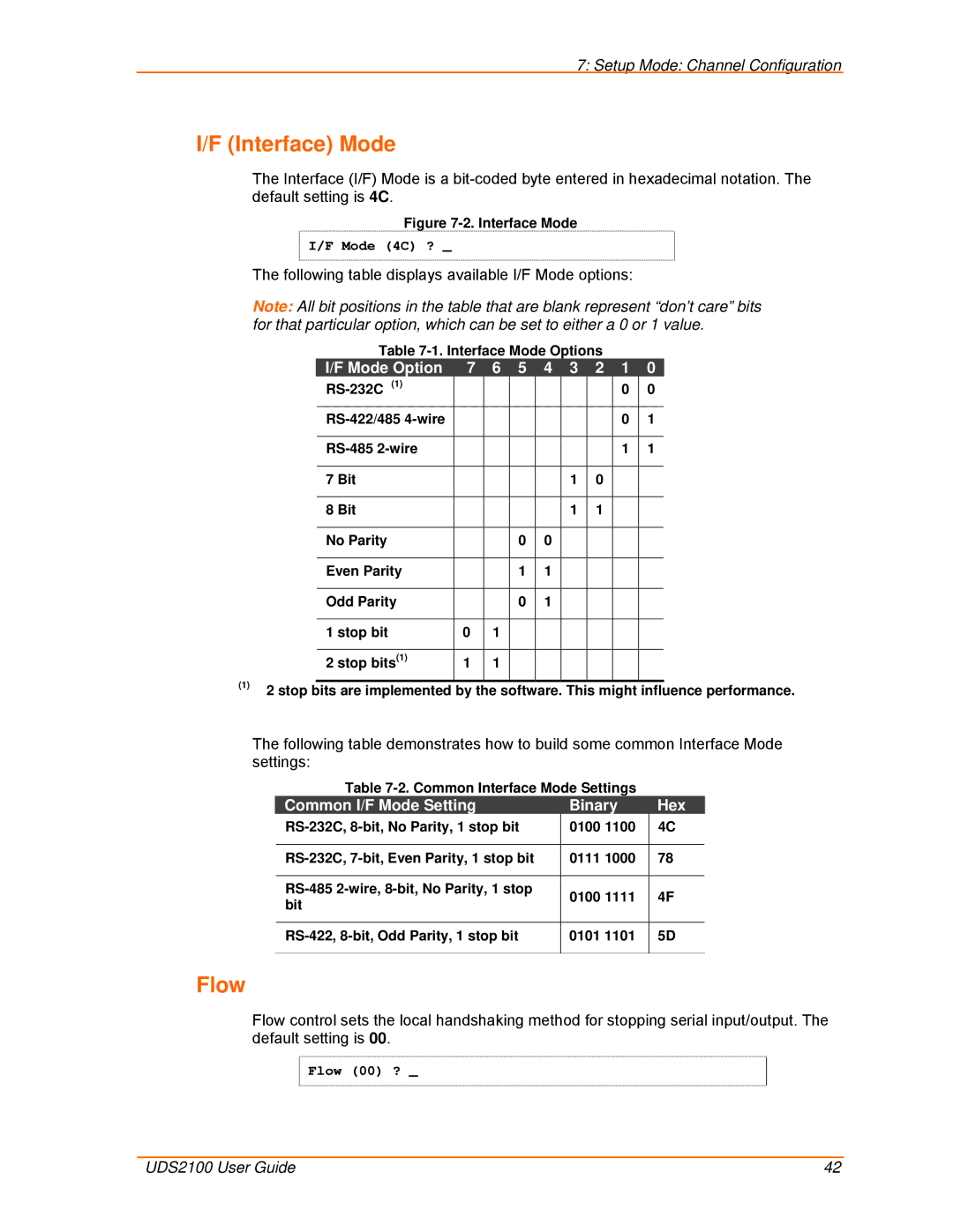 Lantronix UDS2100 manual Interface Mode, Flow, Mode Option, Common I/F Mode Setting Binary, Hex 