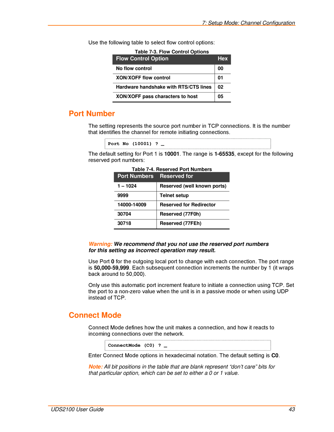 Lantronix UDS2100 manual Connect Mode, Flow Control Option Hex, Port Numbers Reserved for 