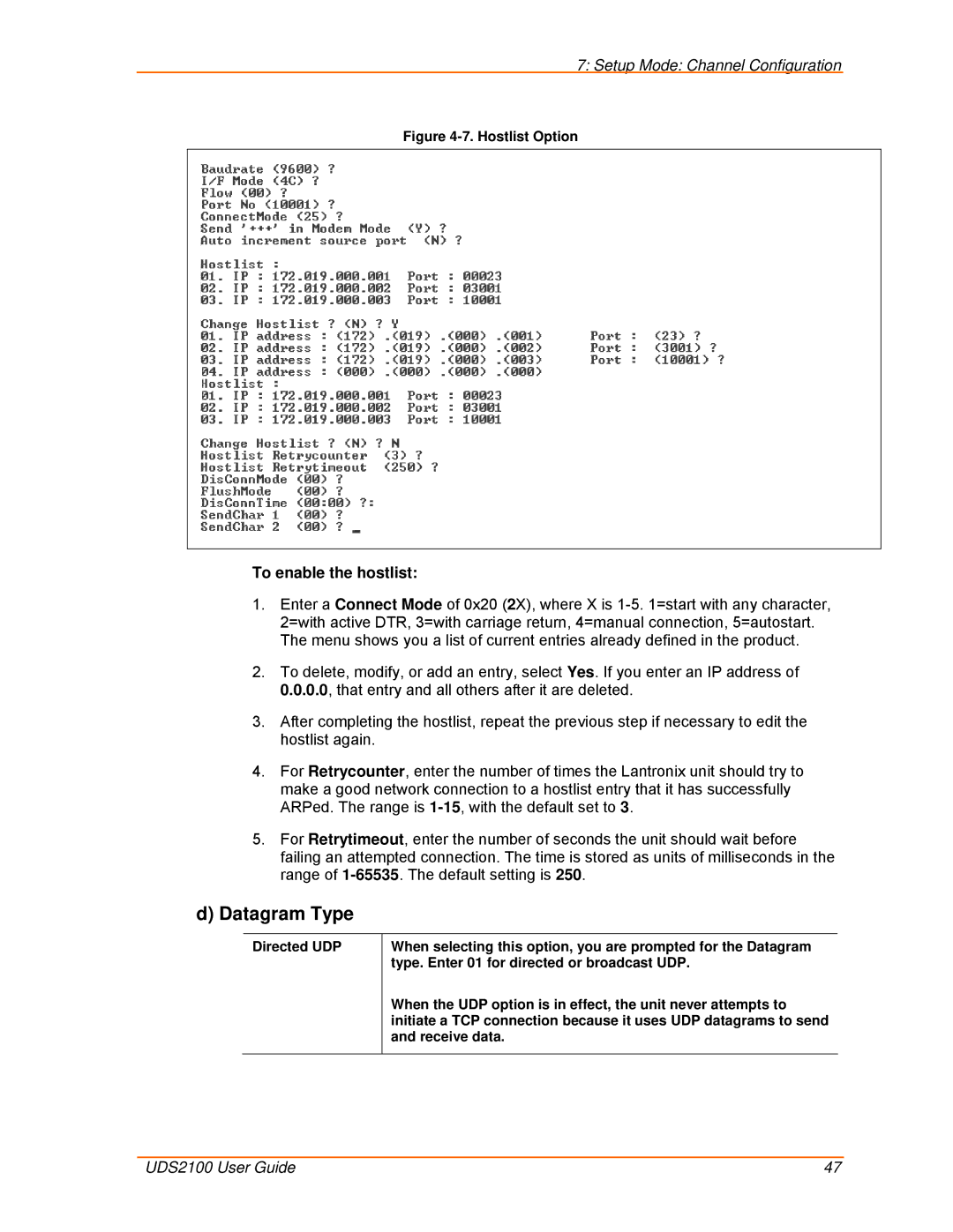 Lantronix UDS2100 manual Datagram Type, To enable the hostlist 