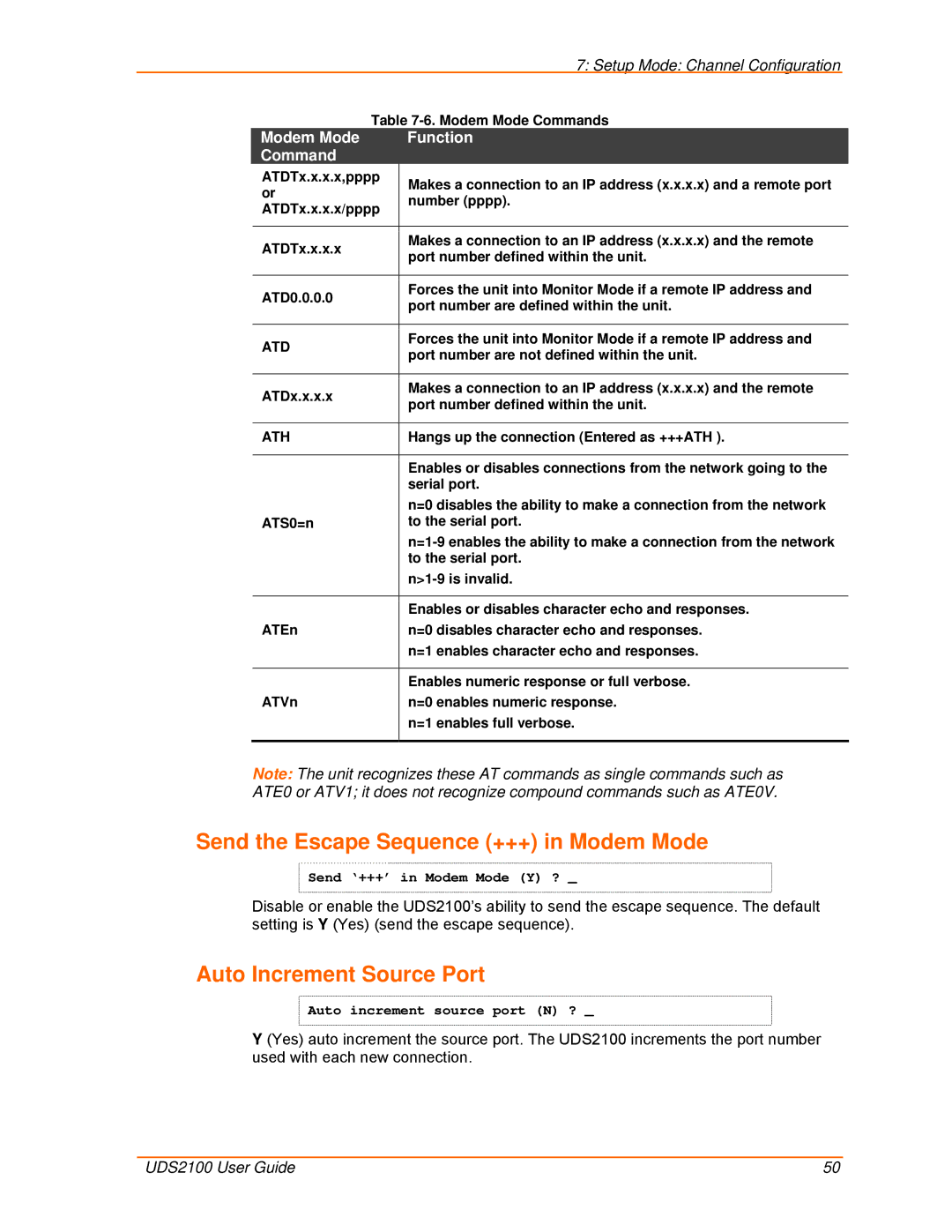 Lantronix UDS2100 Send the Escape Sequence +++ in Modem Mode, Auto Increment Source Port, Modem Mode Function Command 