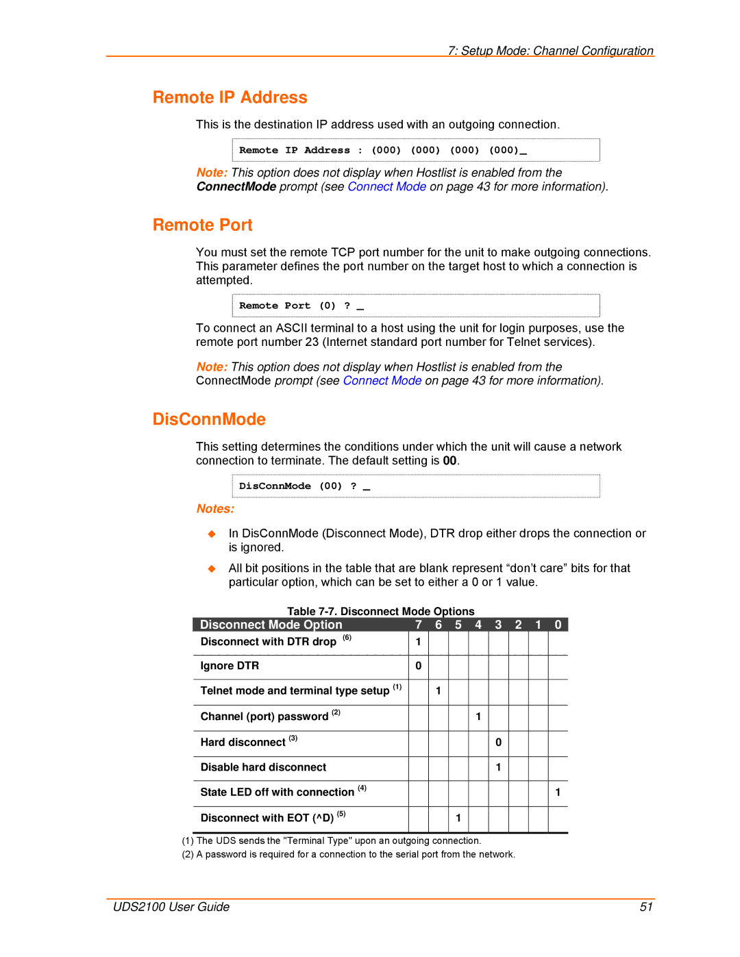 Lantronix UDS2100 manual Remote IP Address, Remote Port, DisConnMode, Disconnect Mode Option 
