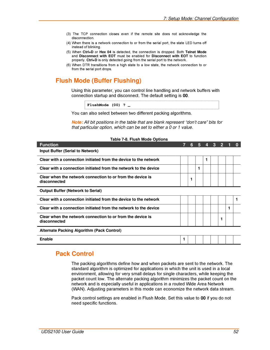 Lantronix UDS2100 manual Flush Mode Buffer Flushing, Pack Control 