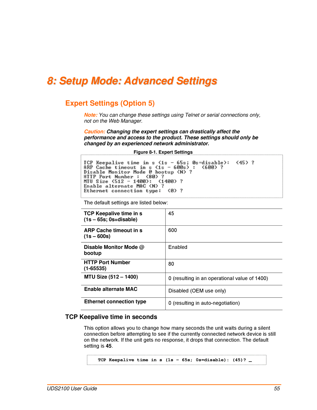 Lantronix UDS2100 manual Setup Mode Advanced Settings, Expert Settings Option, TCP Keepalive time in seconds 