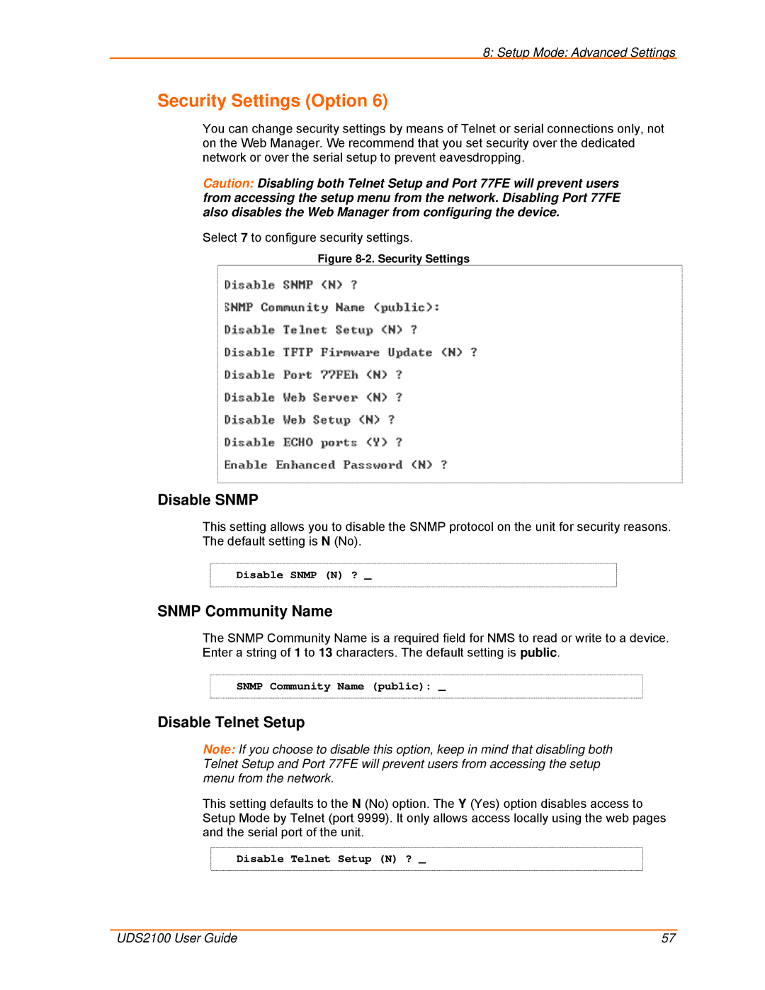 Lantronix UDS2100 manual Security Settings Option, Disable Snmp, Snmp Community Name, Disable Telnet Setup 