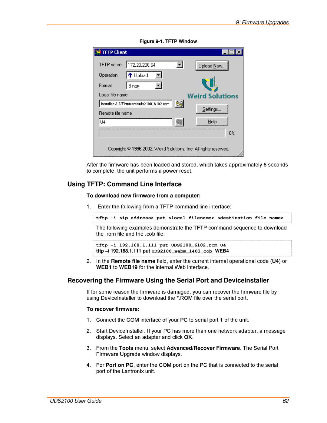 Lantronix UDS2100 manual Using Tftp Command Line Interface, To recover firmware 