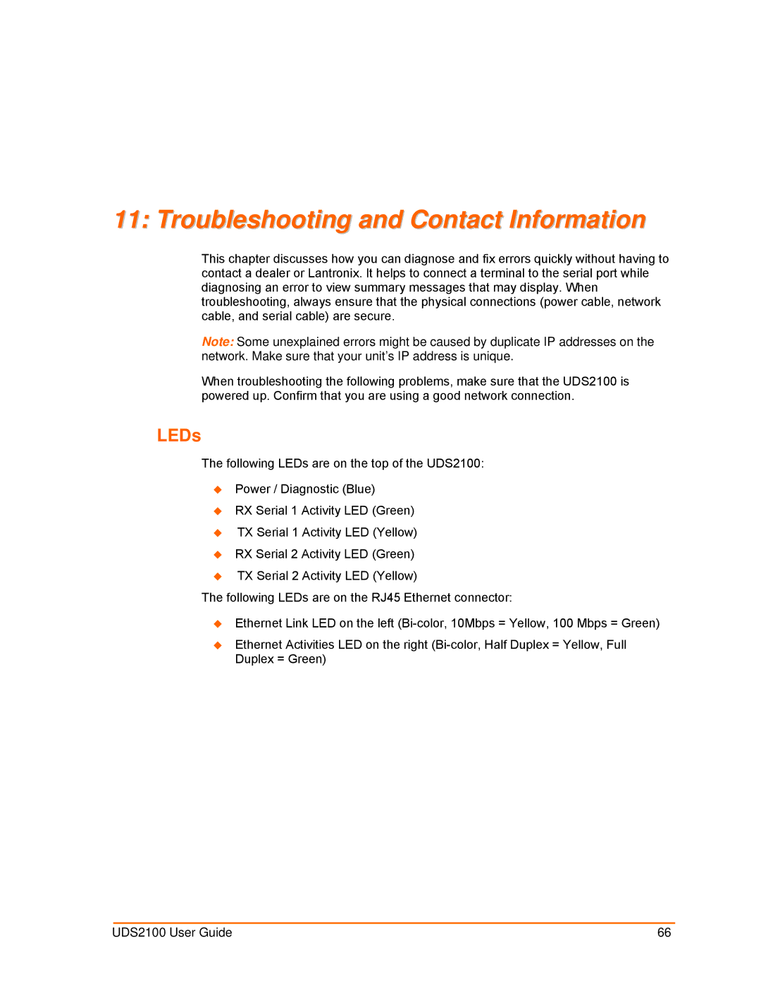 Lantronix UDS2100 manual Troubleshooting and Contact Information, LEDs 