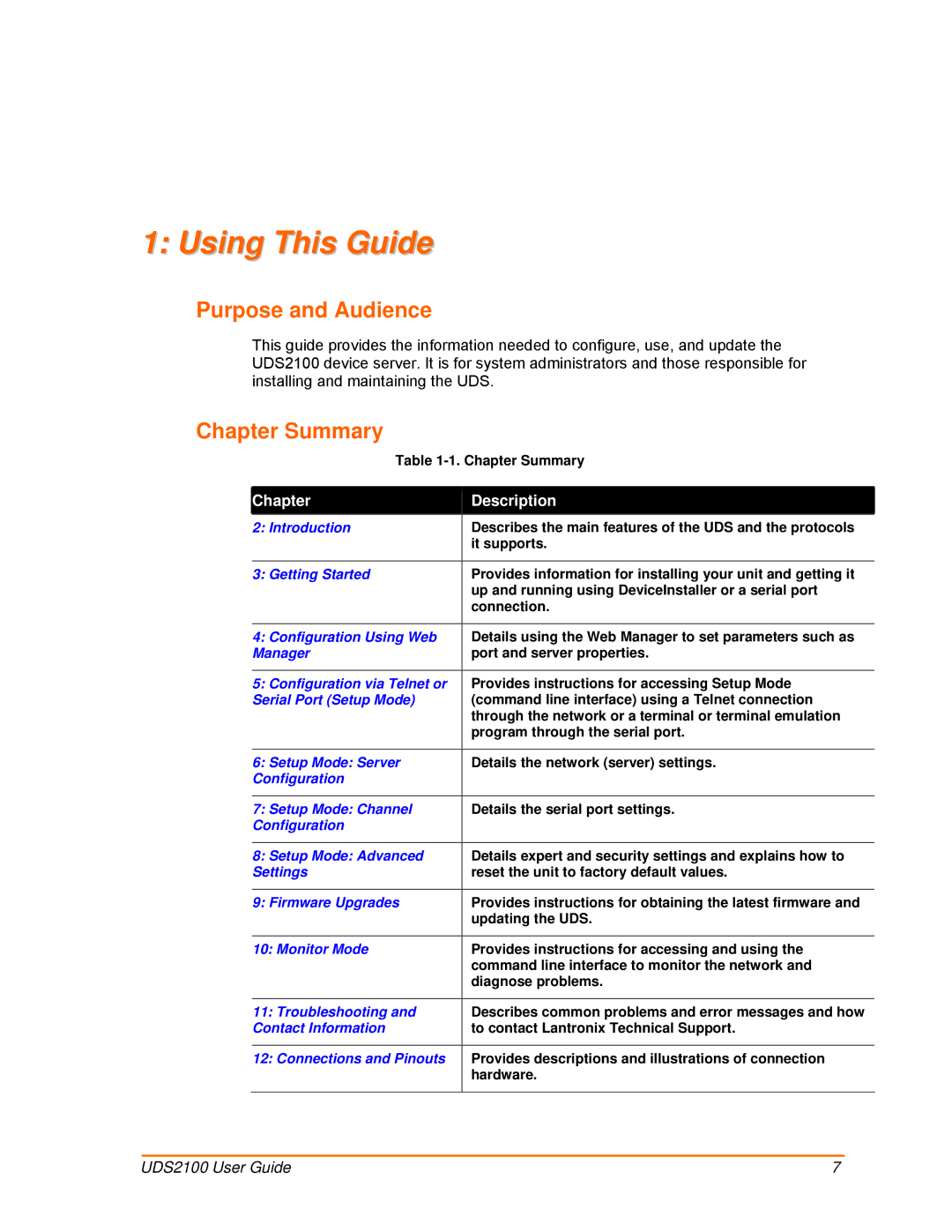 Lantronix UDS2100 manual Using This Guide, Purpose and Audience, Chapter Summary, Chapter Description 