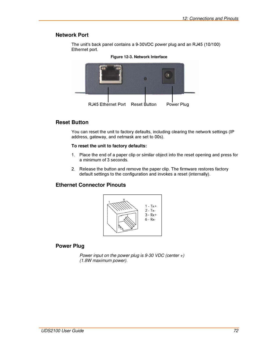 Lantronix UDS2100 Network Port, Reset Button, Ethernet Connector Pinouts Power Plug, To reset the unit to factory defaults 