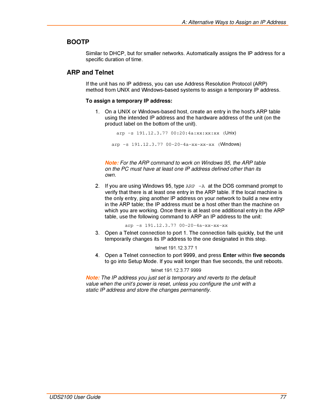 Lantronix UDS2100 manual ARP and Telnet, To assign a temporary IP address 