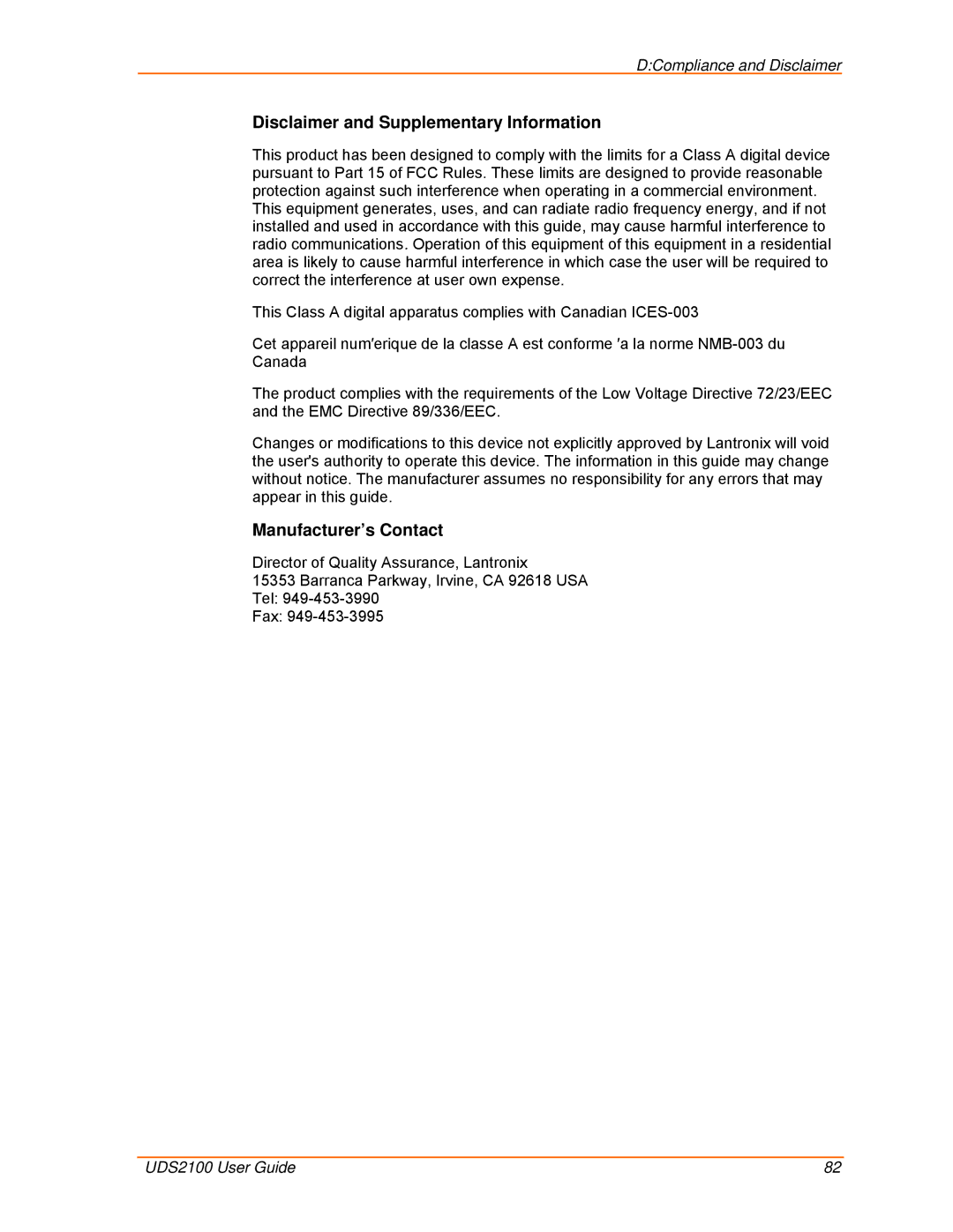 Lantronix UDS2100 manual Disclaimer and Supplementary Information 