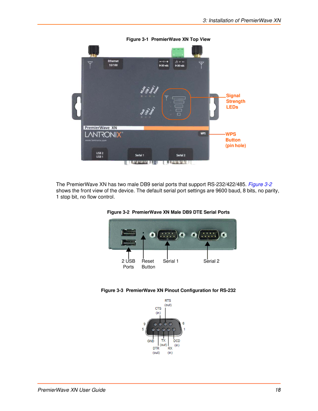 Lantronix XN manual Signal Strength LEDs, Button pin hole 