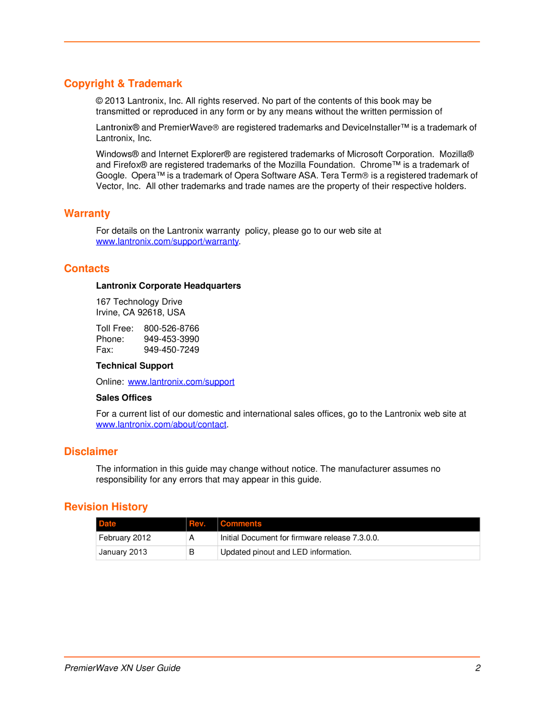 Lantronix XN manual Copyright & Trademark, Warranty, Contacts, Disclaimer, Revision History 