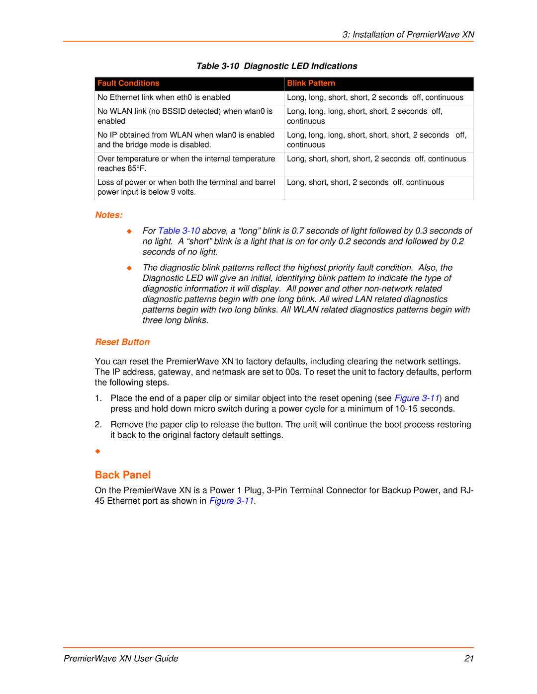 Lantronix XN manual Back Panel, Diagnostic LED Indications, Fault Conditions Blink Pattern 