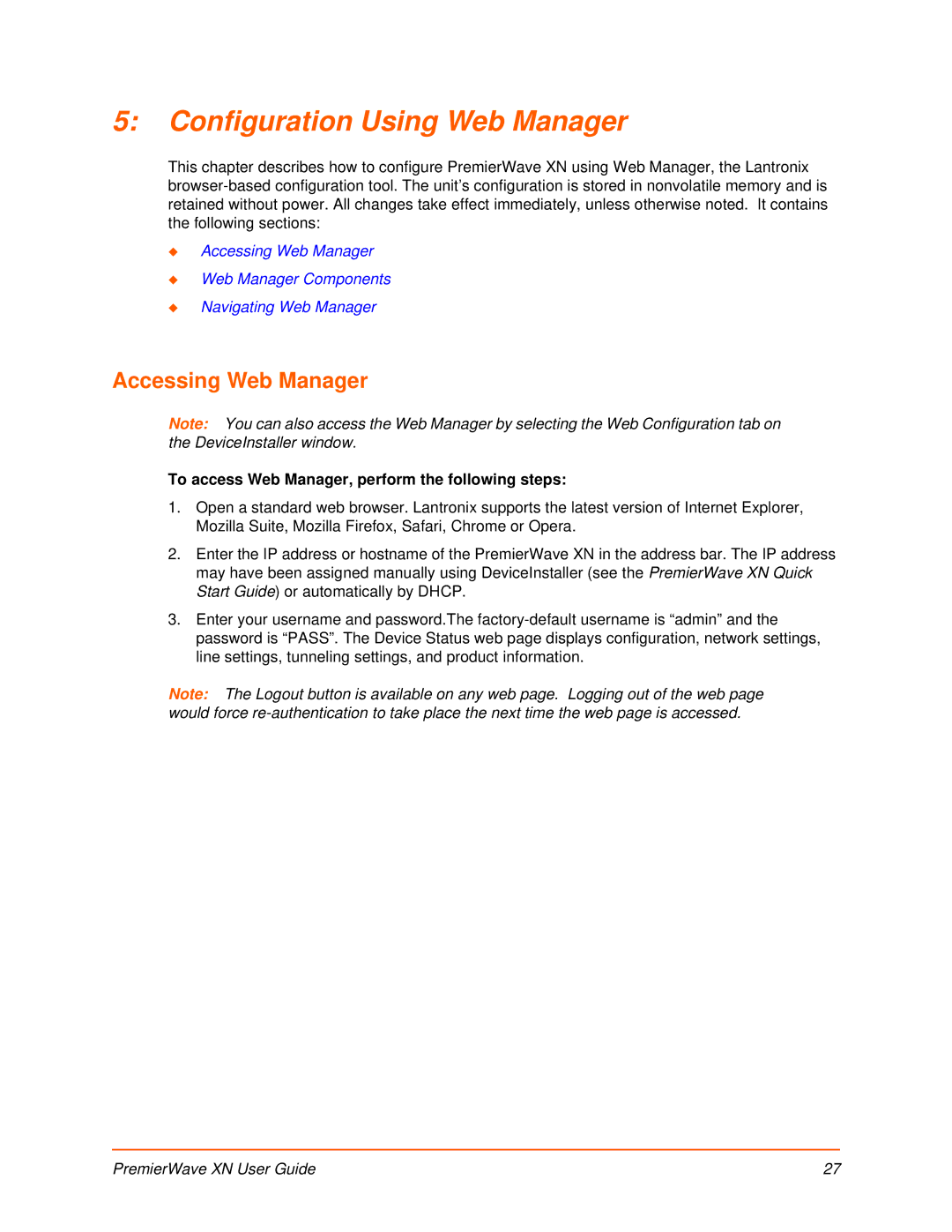 Lantronix XN Configuration Using Web Manager, Accessing Web Manager, To access Web Manager, perform the following steps 