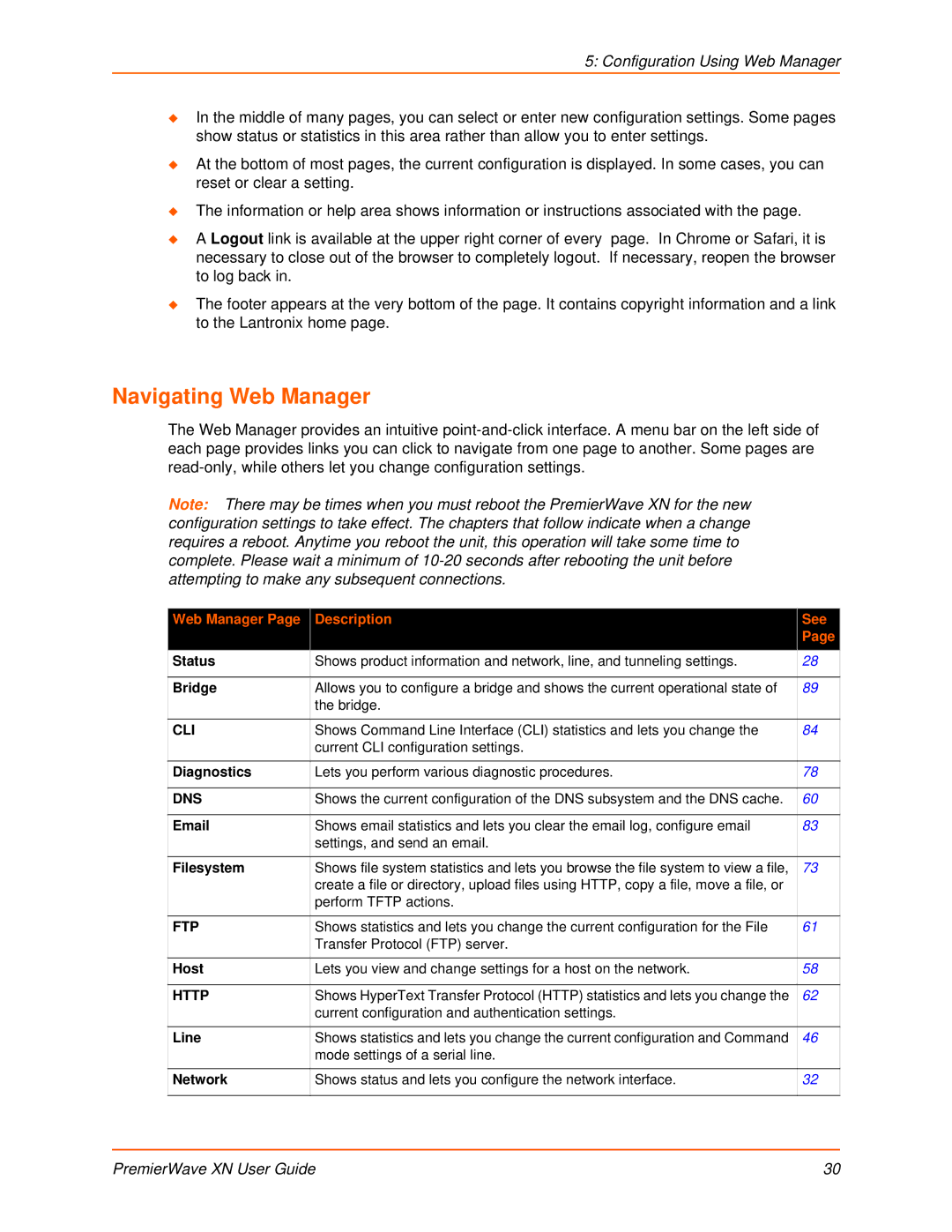 Lantronix XN manual Navigating Web Manager, Web Manager Description See 