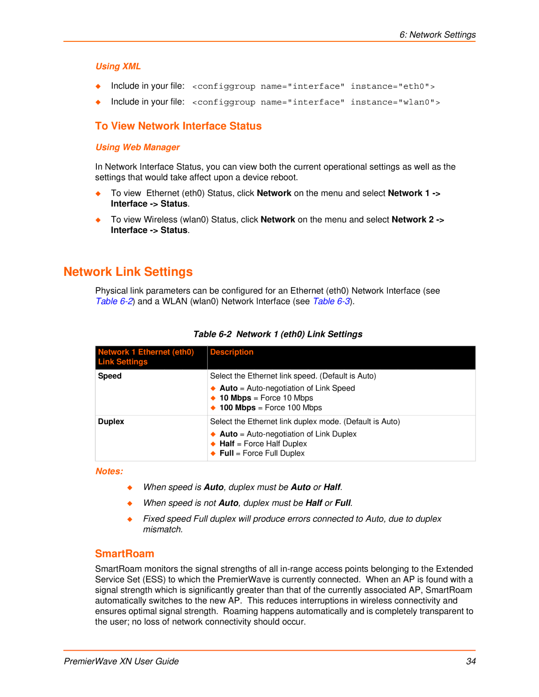 Lantronix XN manual Network Link Settings, To View Network Interface Status, SmartRoam, Network 1 eth0 Link Settings 