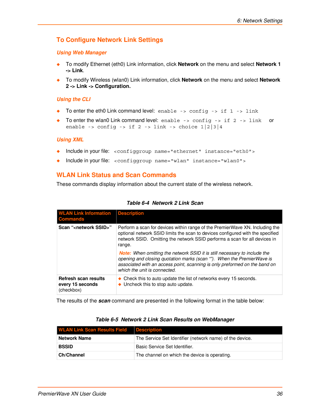 Lantronix XN manual To Configure Network Link Settings, Wlan Link Status and Scan Commands, Network 2 Link Scan 