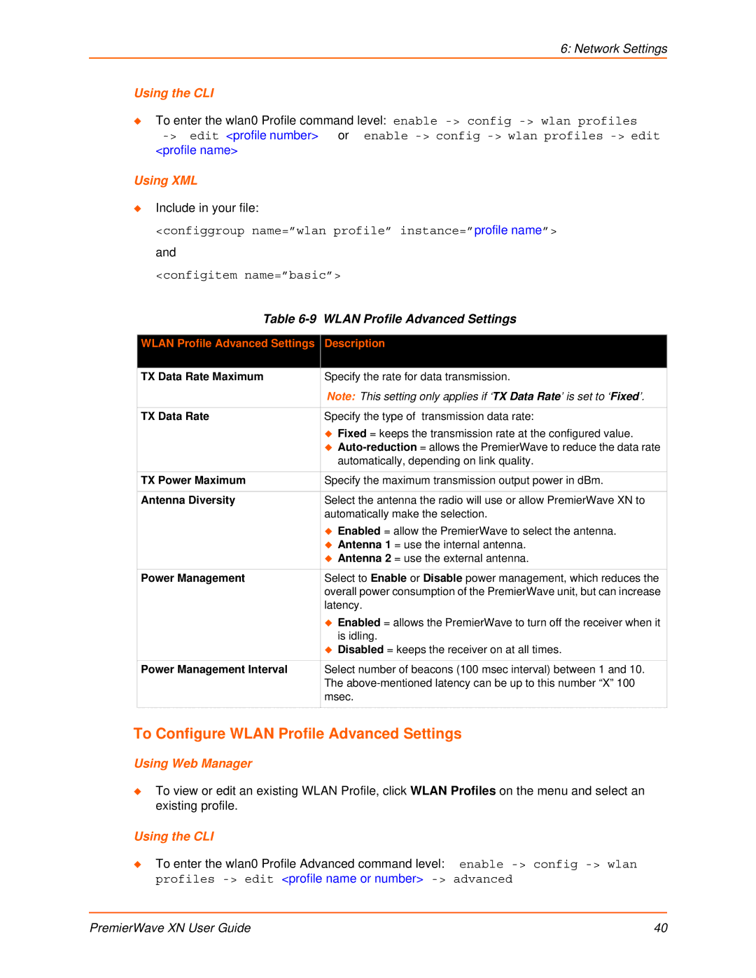 Lantronix XN manual To Configure Wlan Profile Advanced Settings, Wlan Profile Advanced Settings Description 