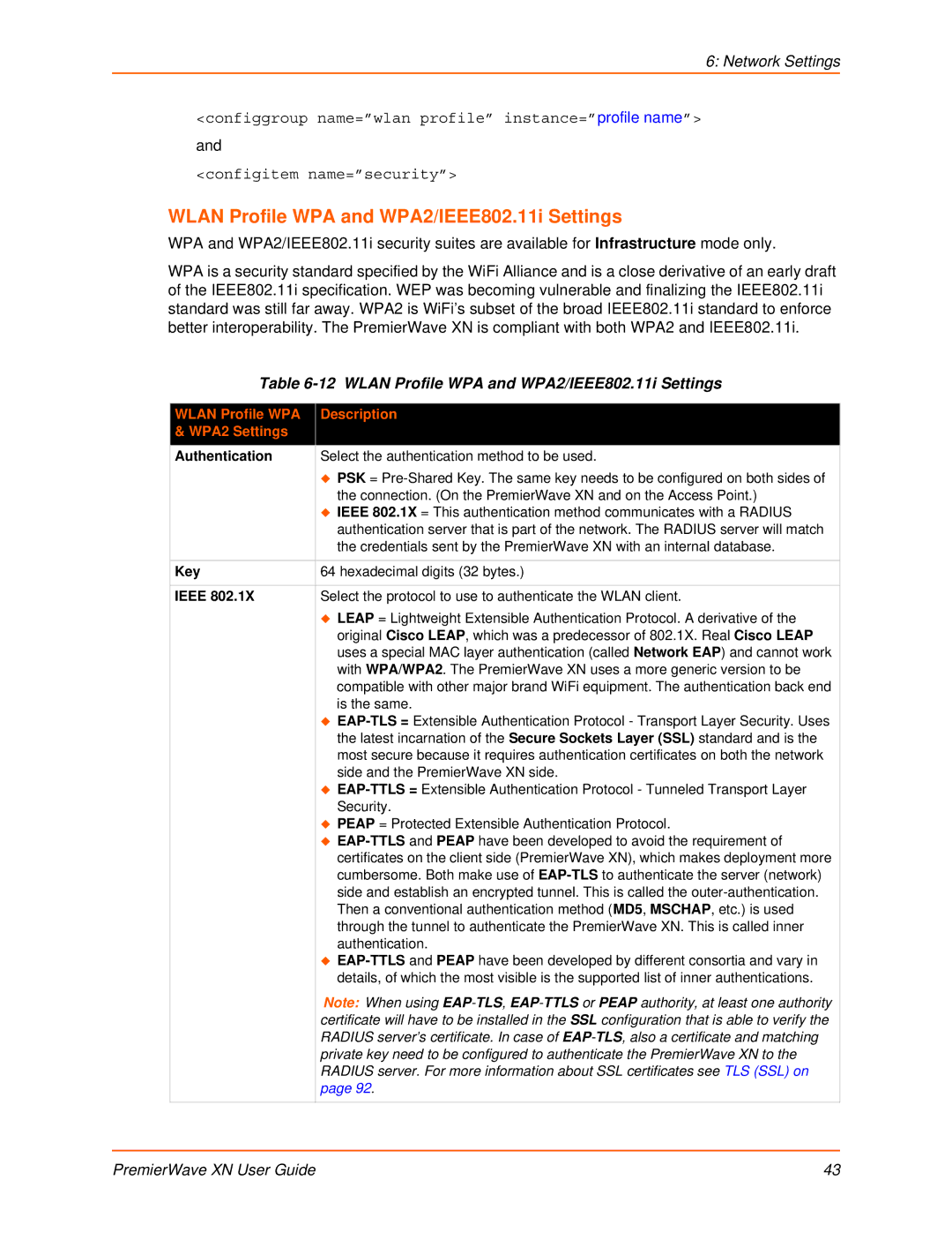 Lantronix XN manual Wlan Profile WPA and WPA2/IEEE802.11i Settings, Wlan Profile WPA Description WPA2 Settings, Key, Ieee 