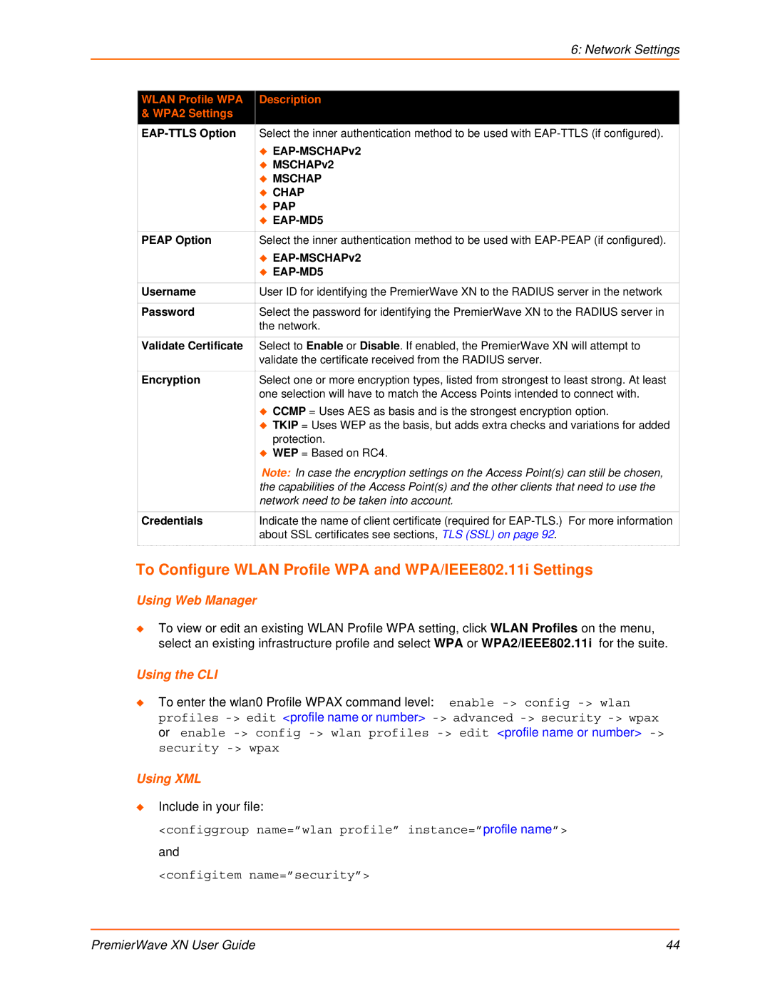 Lantronix XN manual To Configure Wlan Profile WPA and WPA/IEEE802.11i Settings 