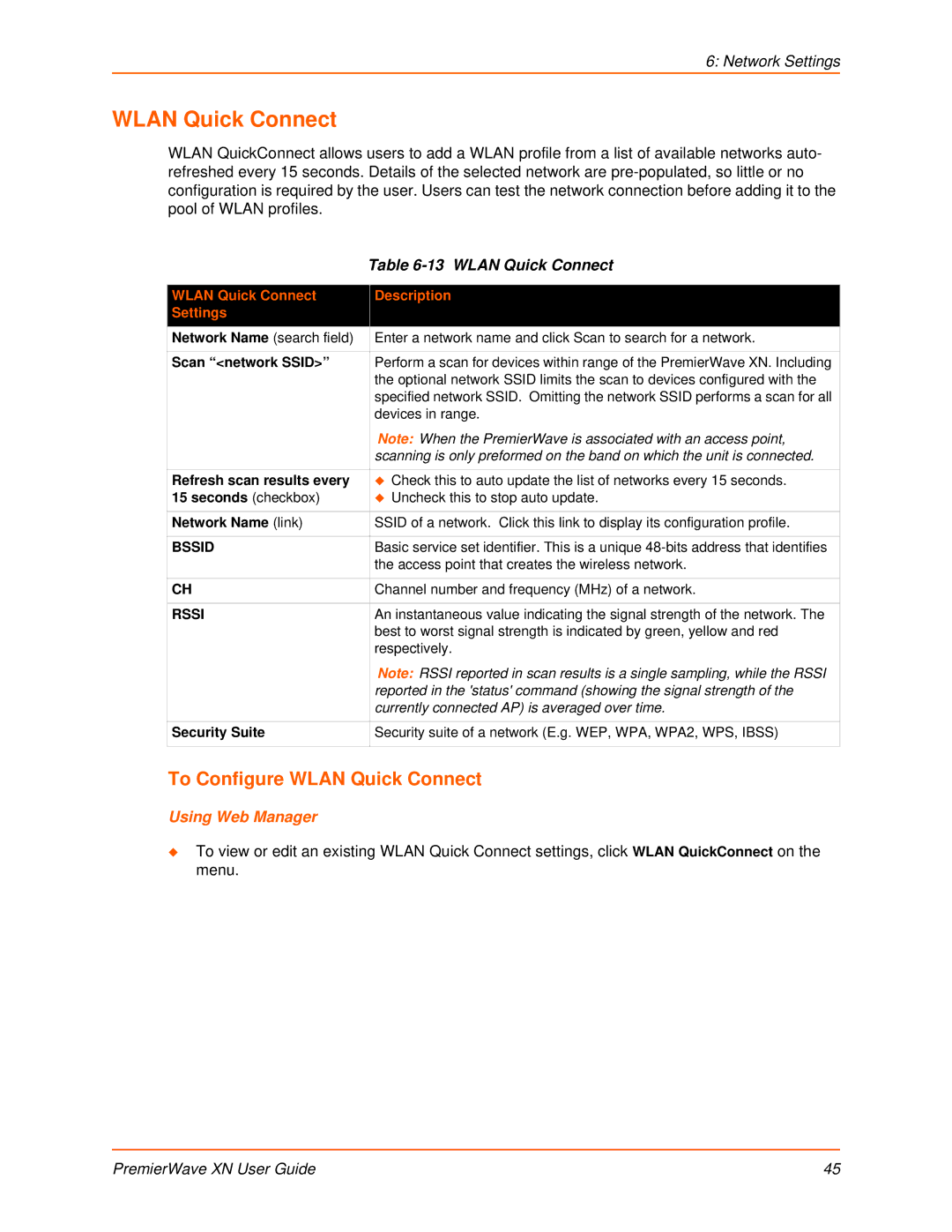 Lantronix XN manual To Configure Wlan Quick Connect, Wlan Quick Connect Description Settings 