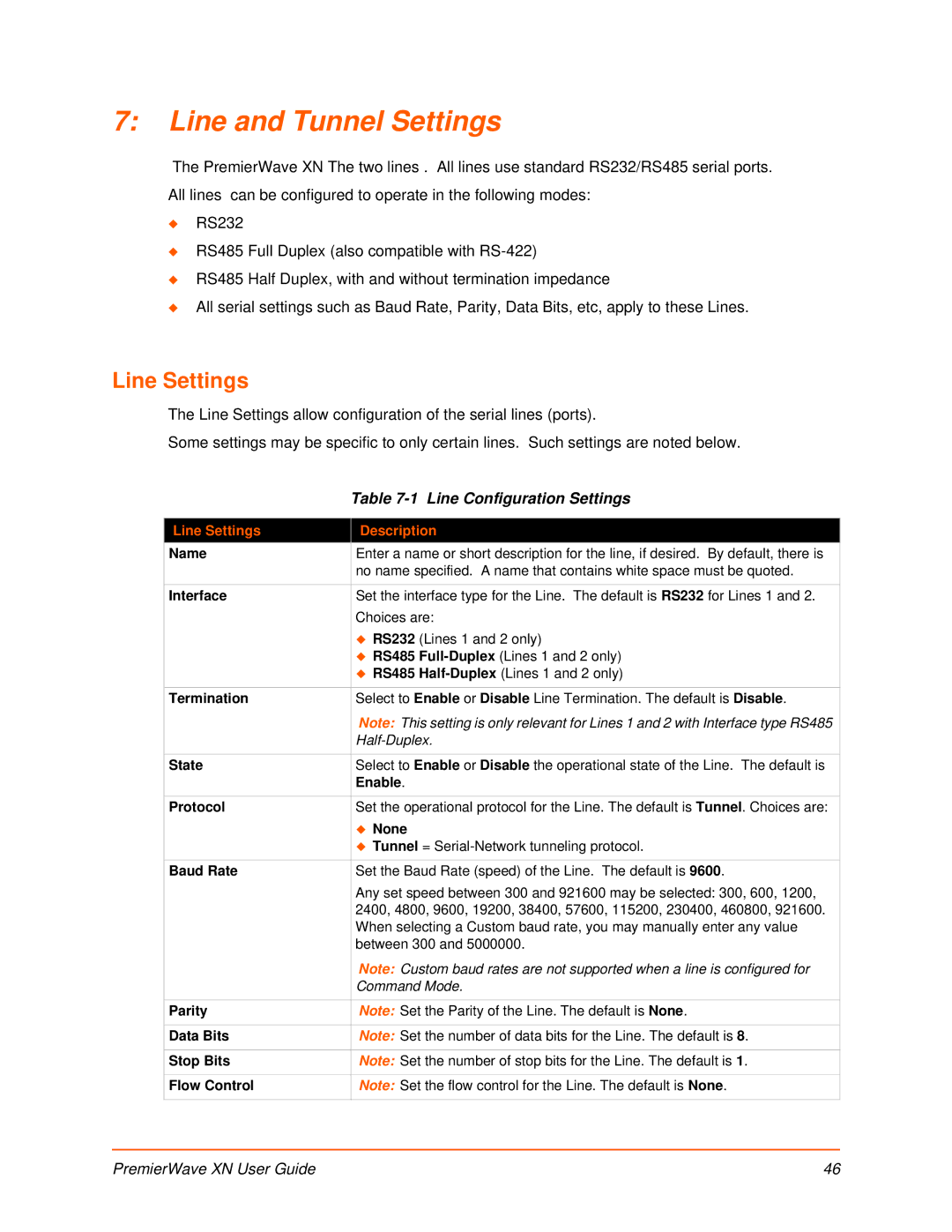 Lantronix XN manual Line and Tunnel Settings, Line Configuration Settings, Line Settings Description 