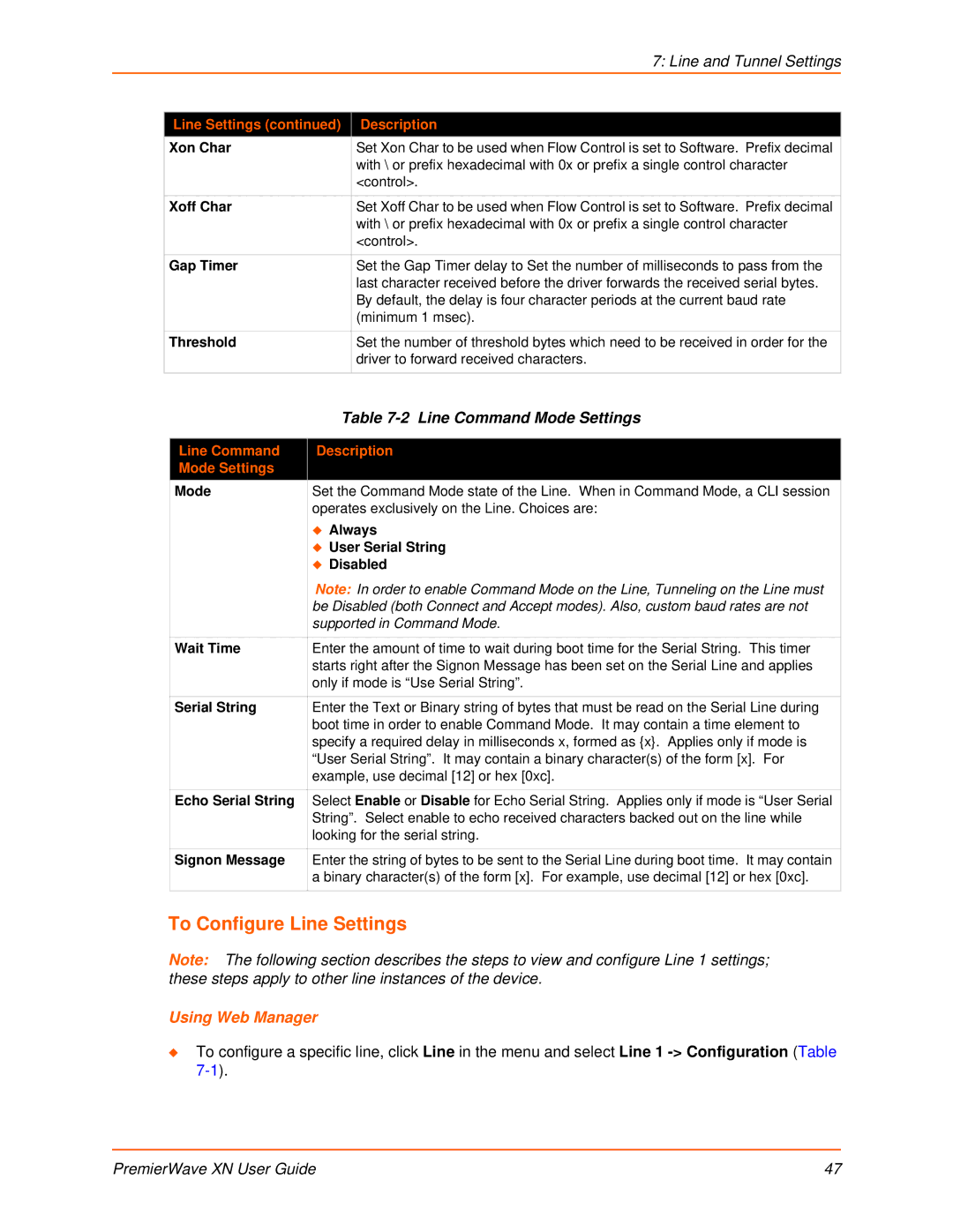 Lantronix XN manual To Configure Line Settings, Line Command Mode Settings, Line Command Description Mode Settings 