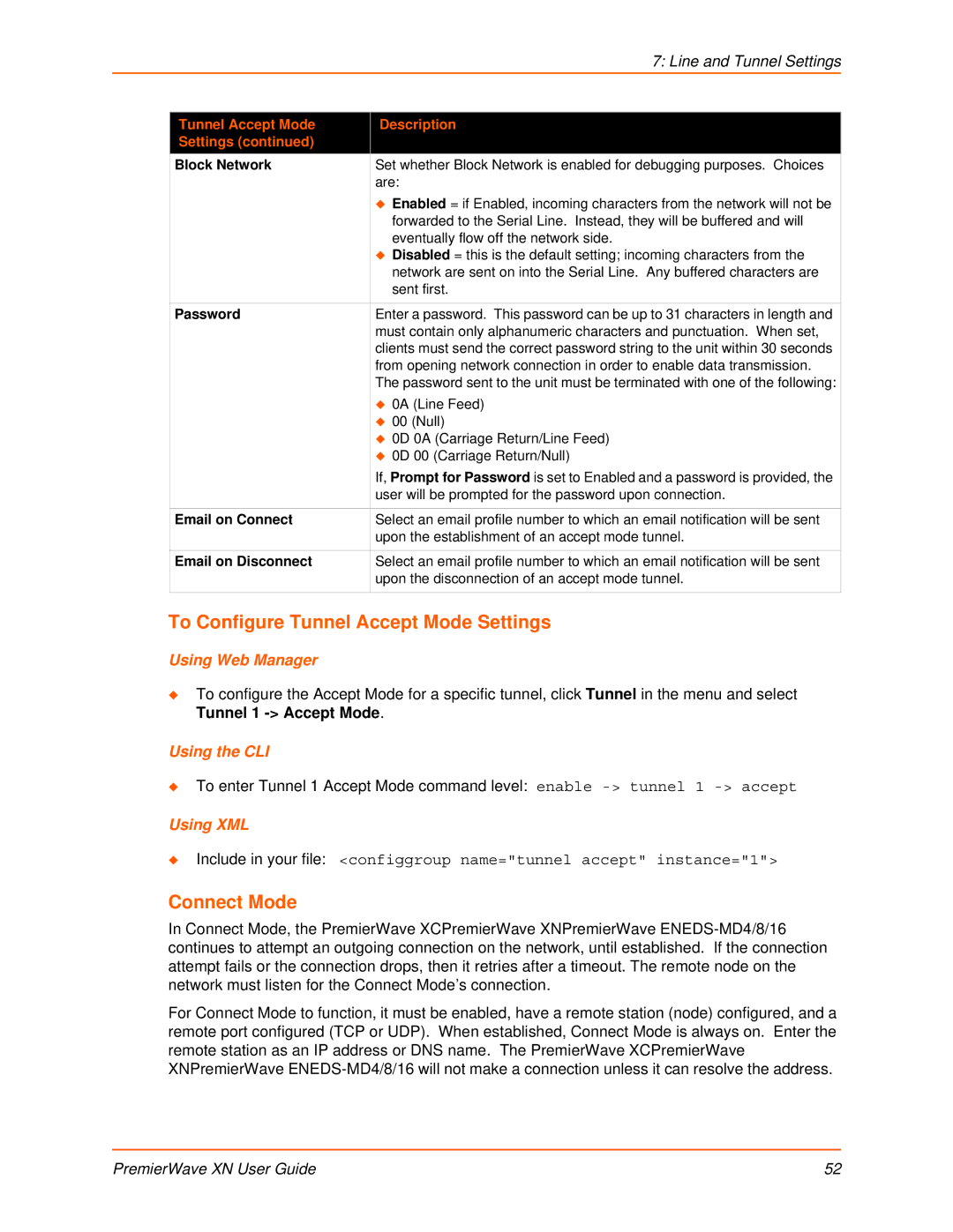 Lantronix XN To Configure Tunnel Accept Mode Settings, Connect Mode, Block Network, Email on Connect, Email on Disconnect 