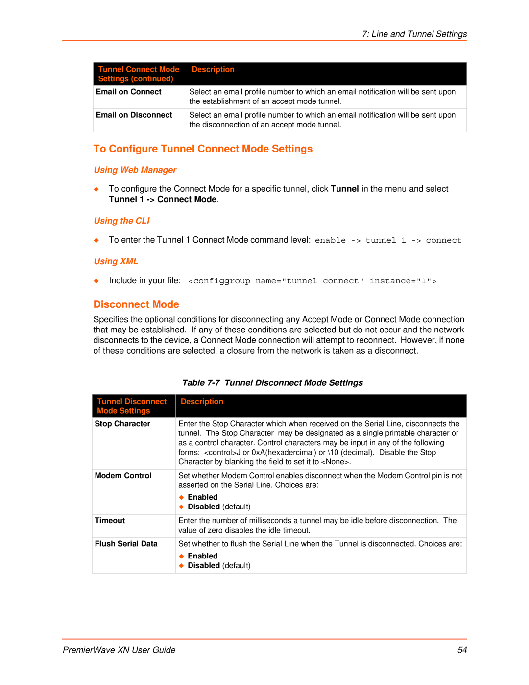 Lantronix XN manual To Configure Tunnel Connect Mode Settings, Tunnel Disconnect Mode Settings 