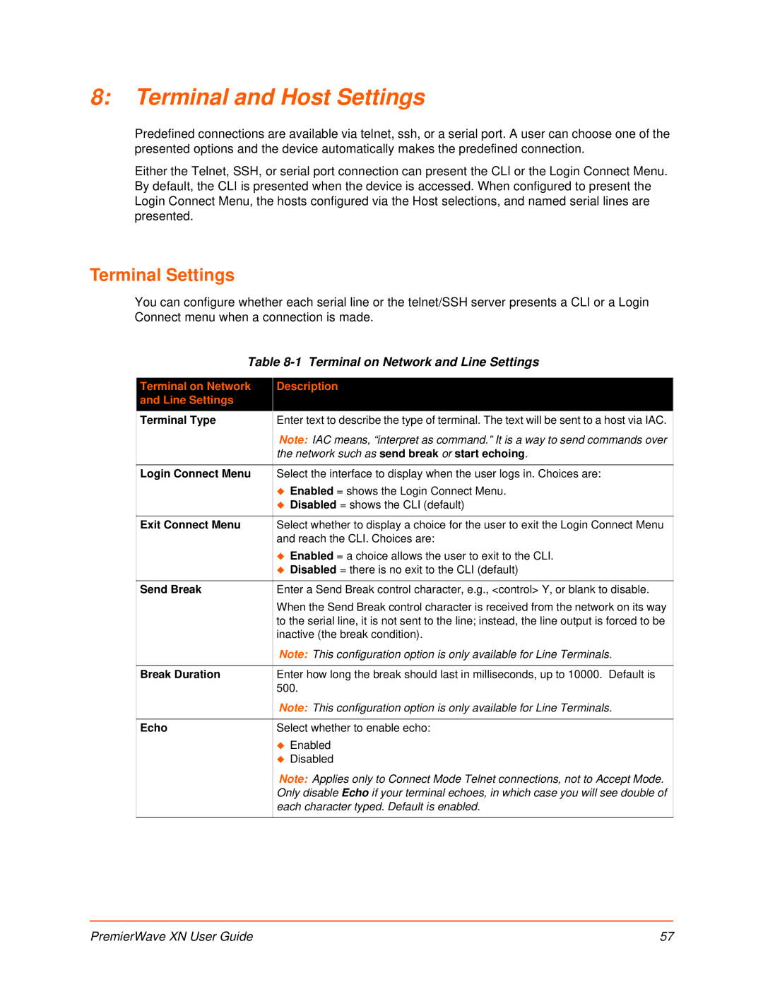 Lantronix XN manual Terminal and Host Settings, Terminal Settings, Terminal on Network and Line Settings 