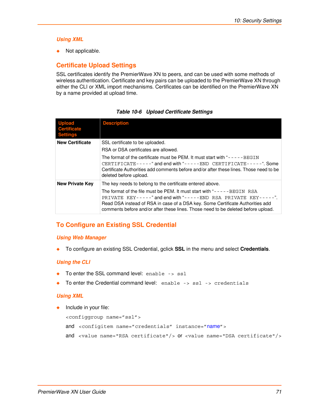 Lantronix XN manual Certificate Upload Settings, To Configure an Existing SSL Credential, Upload Certificate Settings 