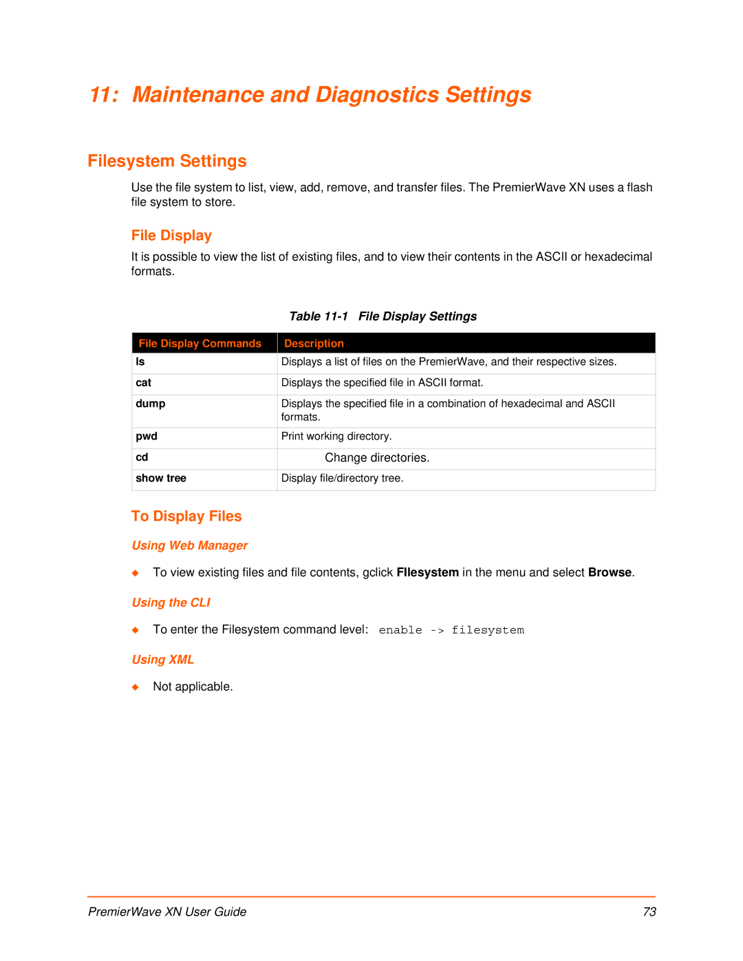 Lantronix XN manual Maintenance and Diagnostics Settings, Filesystem Settings, File Display, To Display Files 