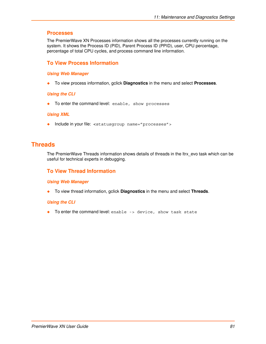 Lantronix XN manual Threads, Processes, To View Process Information, To View Thread Information 