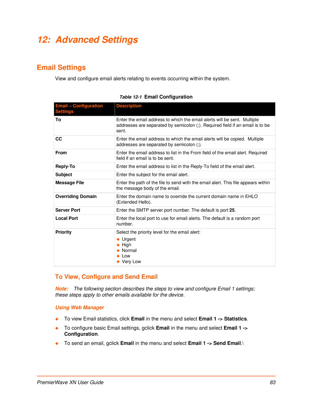 Lantronix XN manual Advanced Settings, Email Settings, To View, Configure and Send Email, Email Configuration 