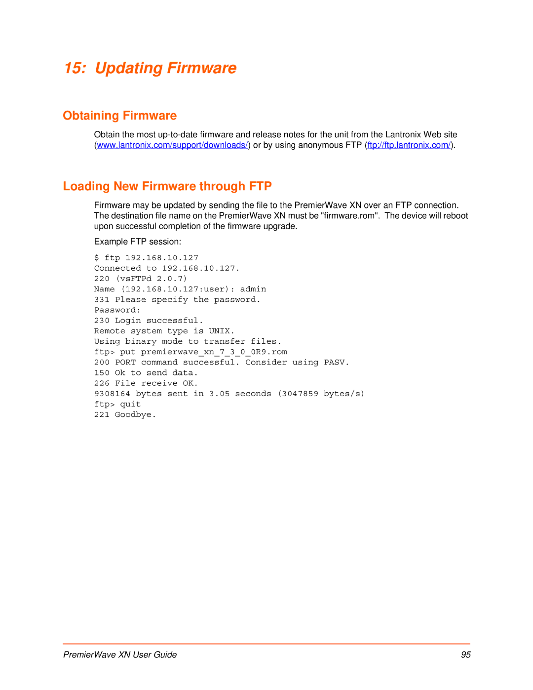 Lantronix XN manual Updating Firmware, Obtaining Firmware Loading New Firmware through FTP 