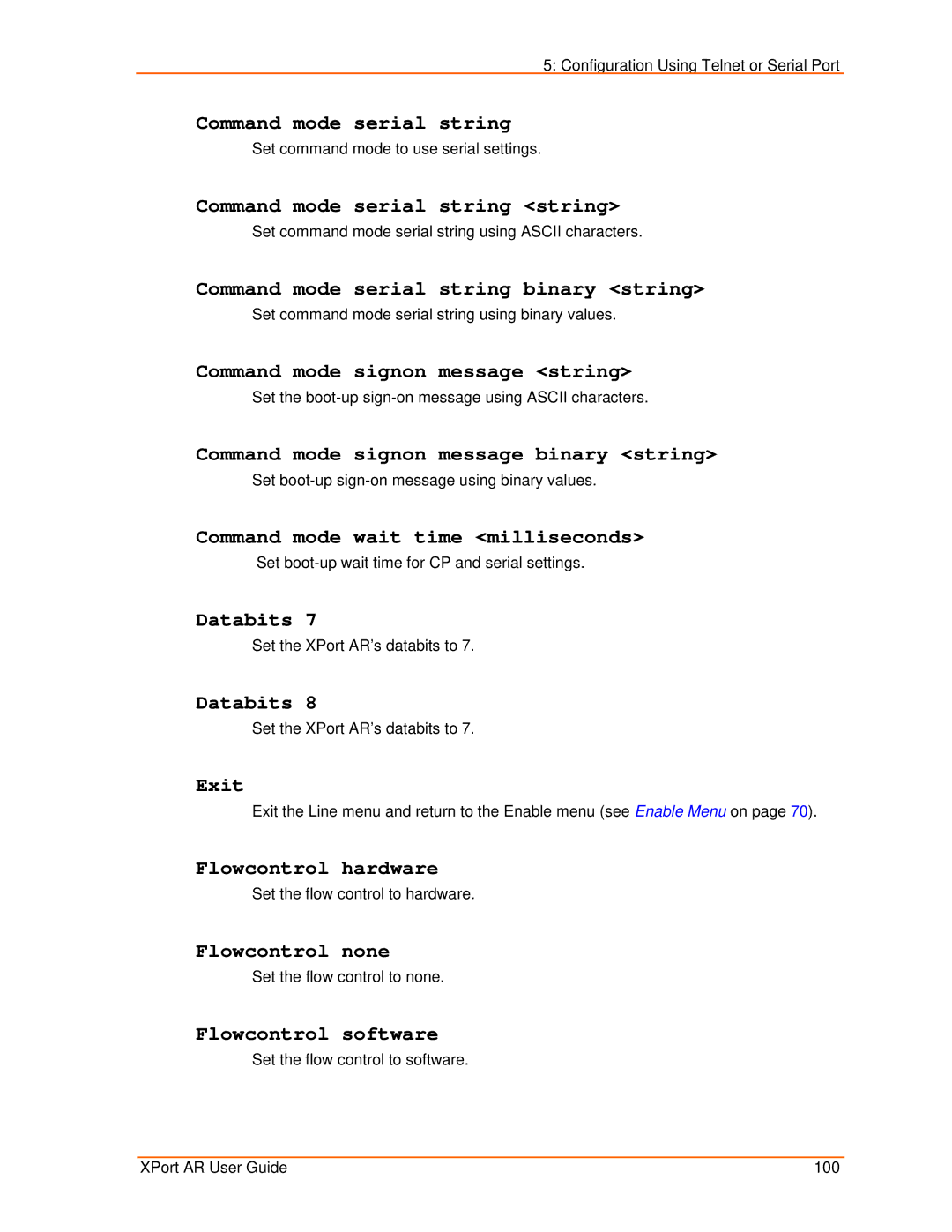 Lantronix XPort AR manual Command mode serial string string, Command mode serial string binary string, Databits 