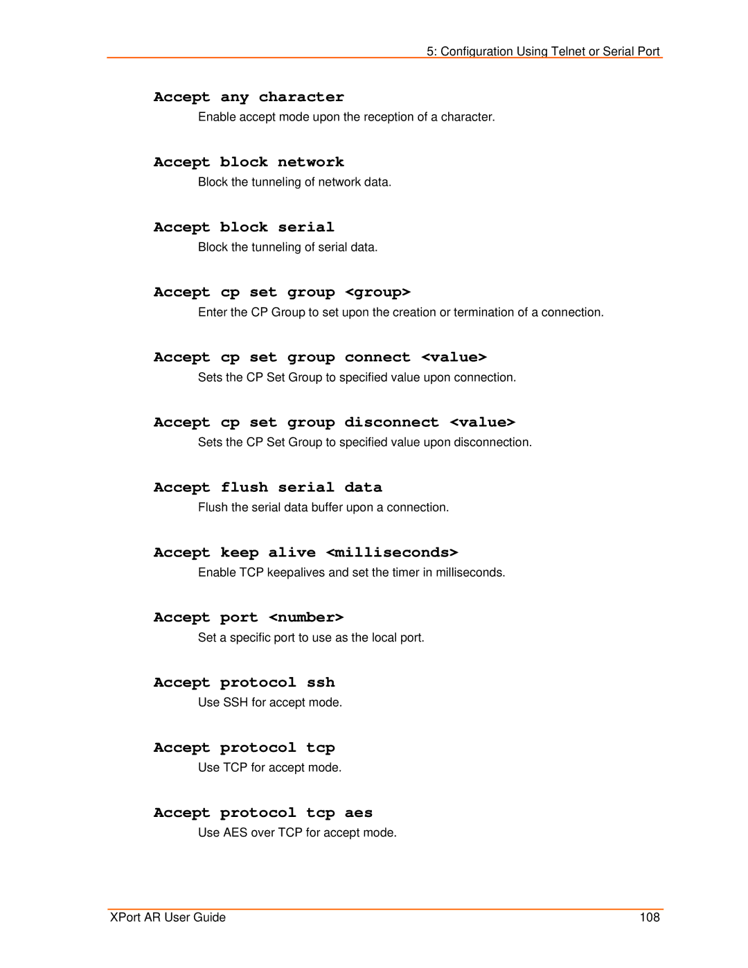 Lantronix XPort AR manual Accept any character, Accept block network, Accept block serial, Accept cp set group group 