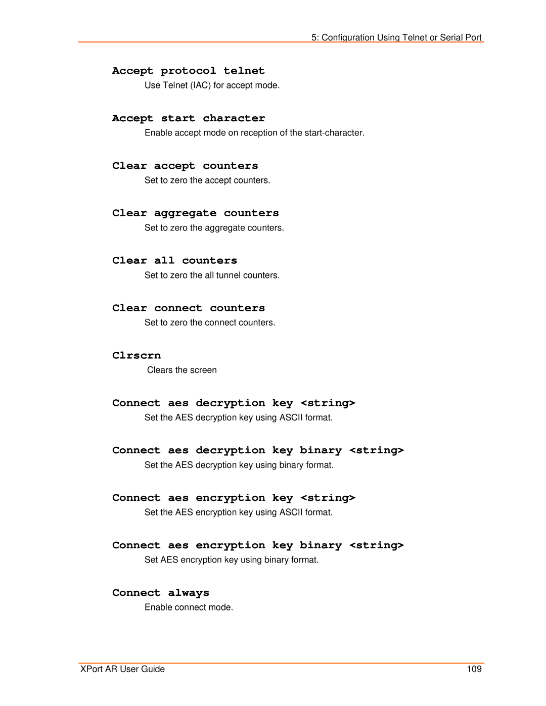 Lantronix XPort AR manual Accept protocol telnet, Accept start character, Clear accept counters, Clear aggregate counters 