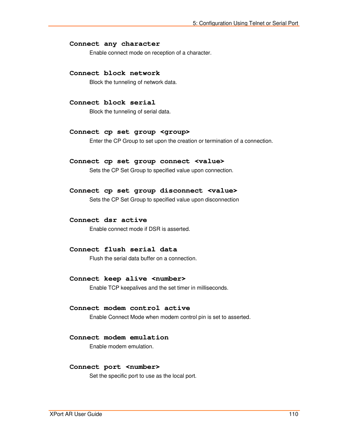 Lantronix XPort AR manual Connect any character, Connect block network, Connect block serial, Connect cp set group group 