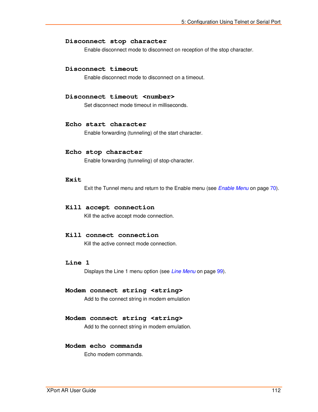 Lantronix XPort AR Disconnect stop character, Disconnect timeout number, Echo start character, Echo stop character 