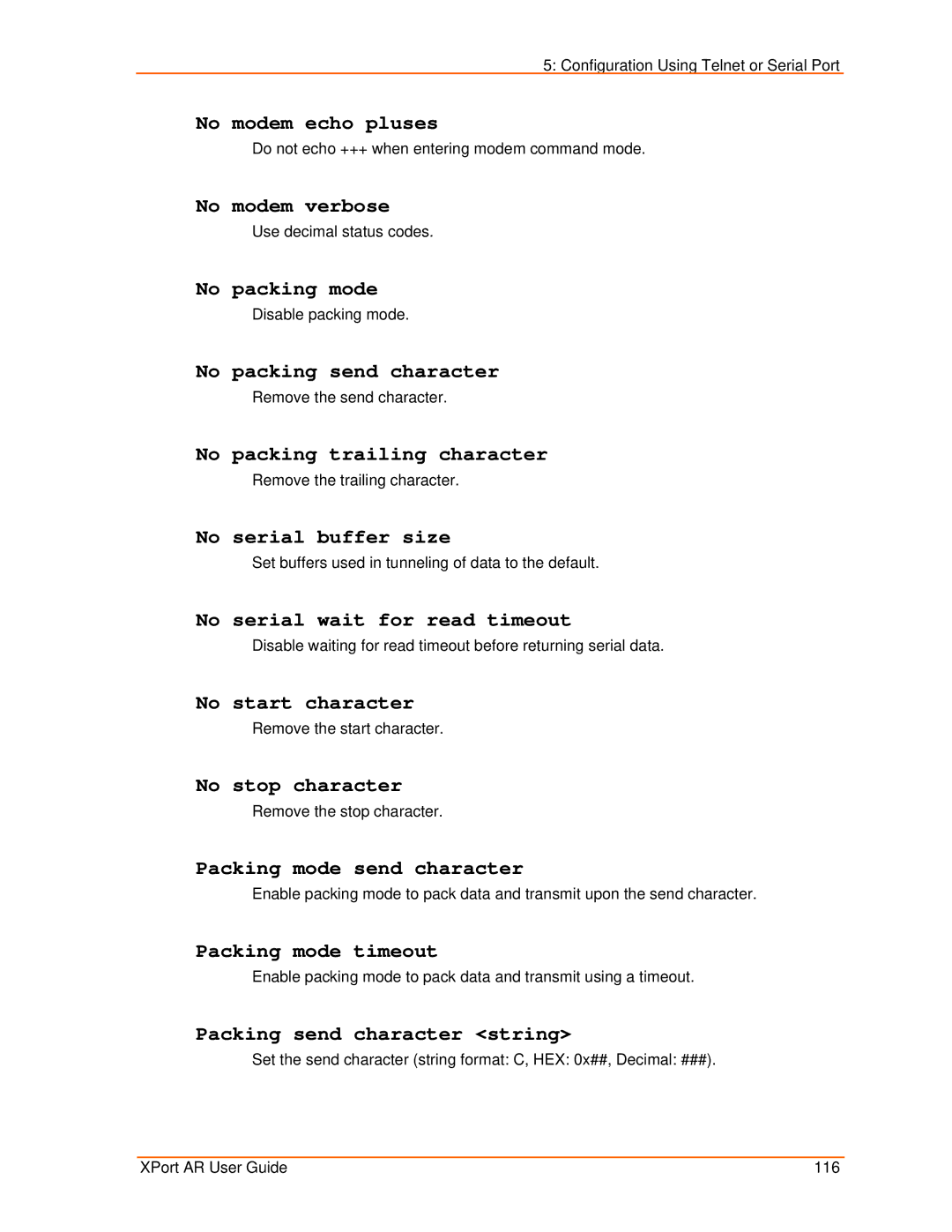 Lantronix XPort AR No modem echo pluses, No modem verbose, No packing mode, No packing send character, No start character 