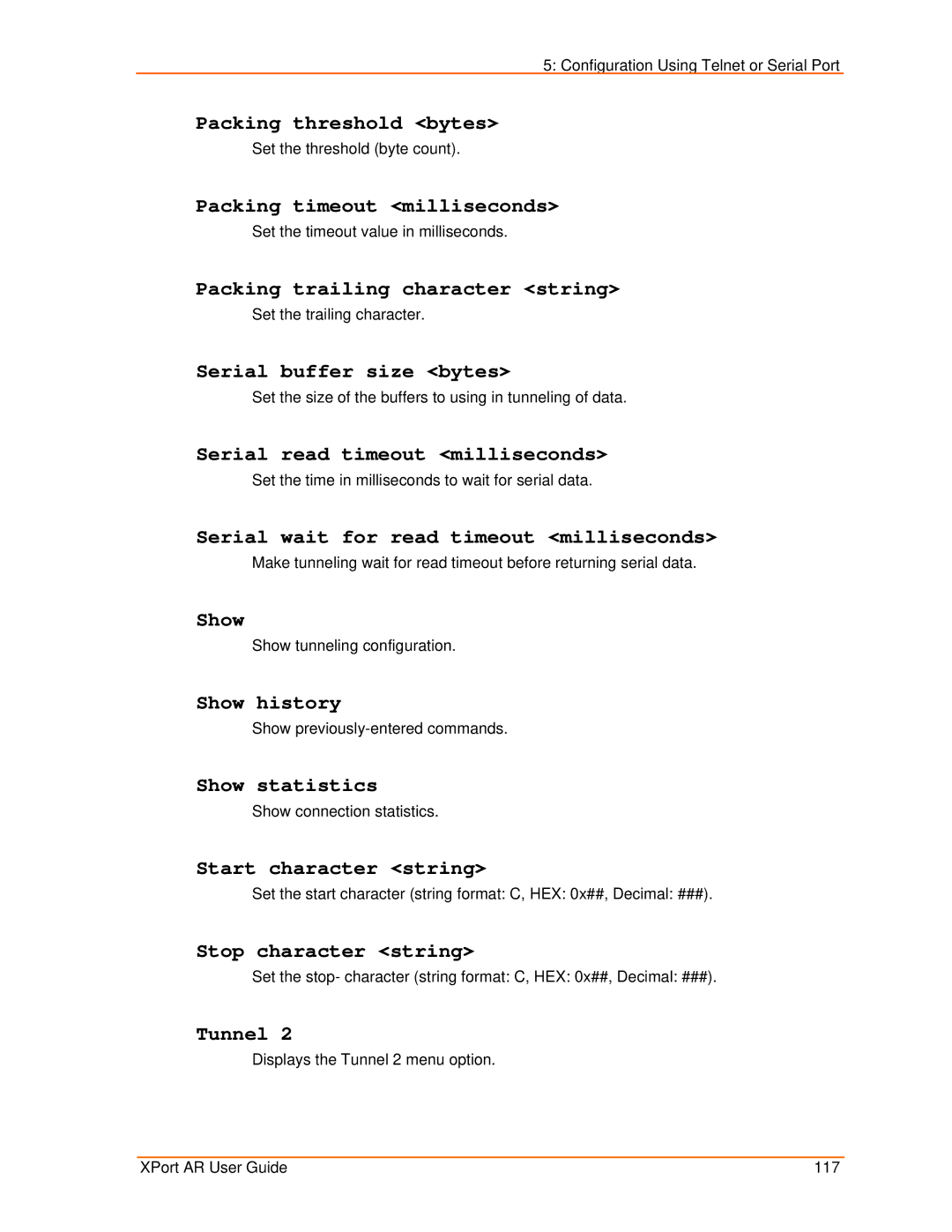 Lantronix XPort AR manual Packing threshold bytes, Packing timeout milliseconds, Packing trailing character string 