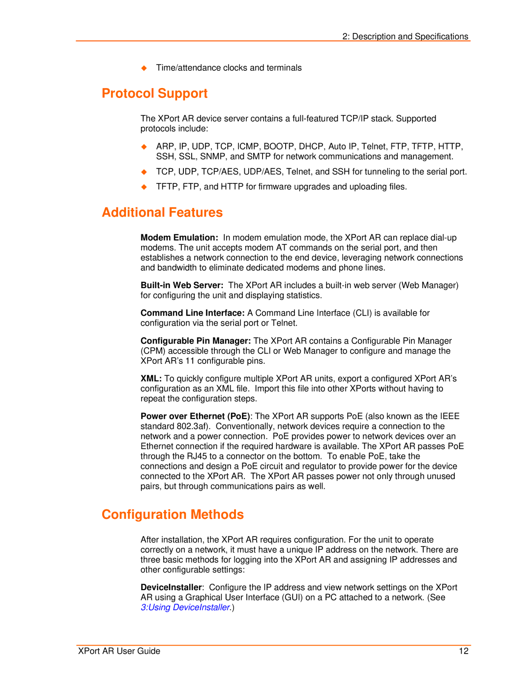 Lantronix XPort AR manual Protocol Support, Additional Features, Configuration Methods 